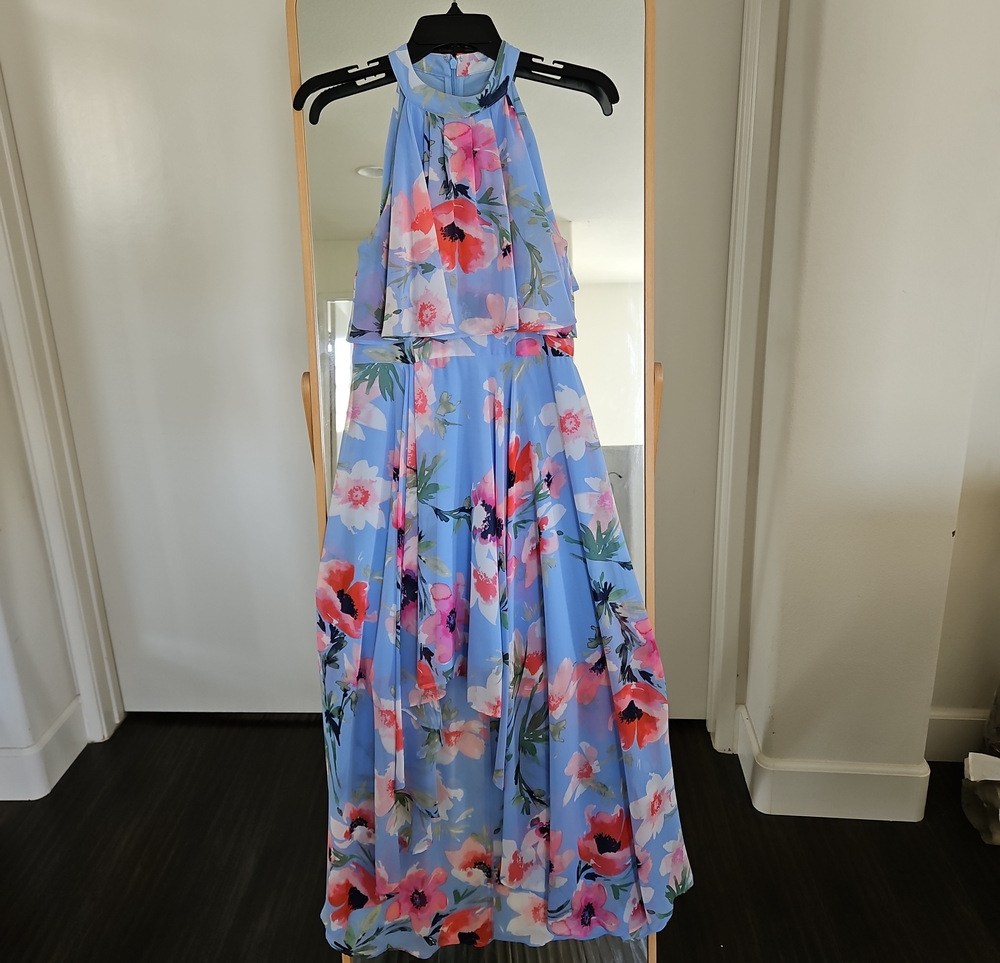 Eliza J Light Blue Floral Dress with Pink and Green Accents